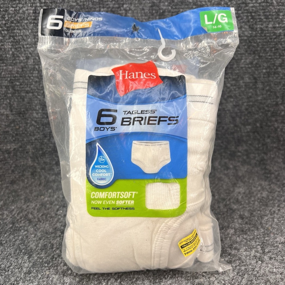 Hanes Boys White Tagless Briefs 1 Pack of 6 Underwear Sz Large (14-16) NEW